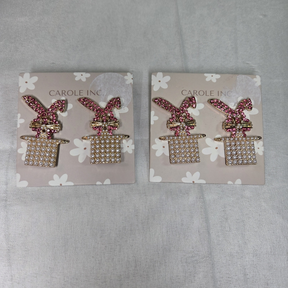 New Carole Inc. Jeweled Bunny-in-hat Pink Rhinestone/faux Pearl Earrings. 2 Pair